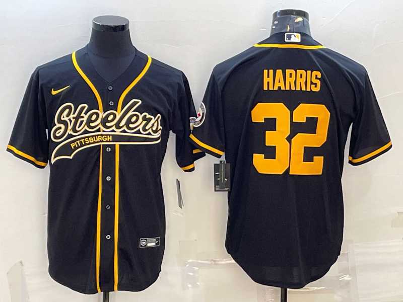 Mens Pittsburgh Steelers #32 Franco Harris Black Gold With Patch Cool Base Stitched Baseball Jersey